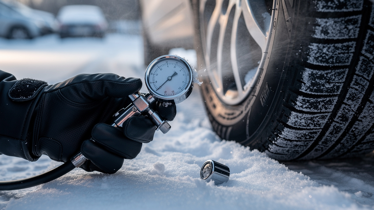 Sprawdzanie ciśnienia w oponie samochodowej manometrem zimą