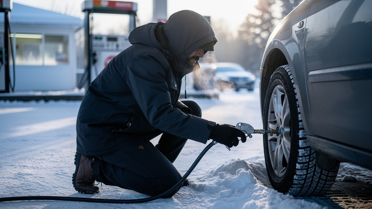 Pompowanie opony na stacji paliw w zimie