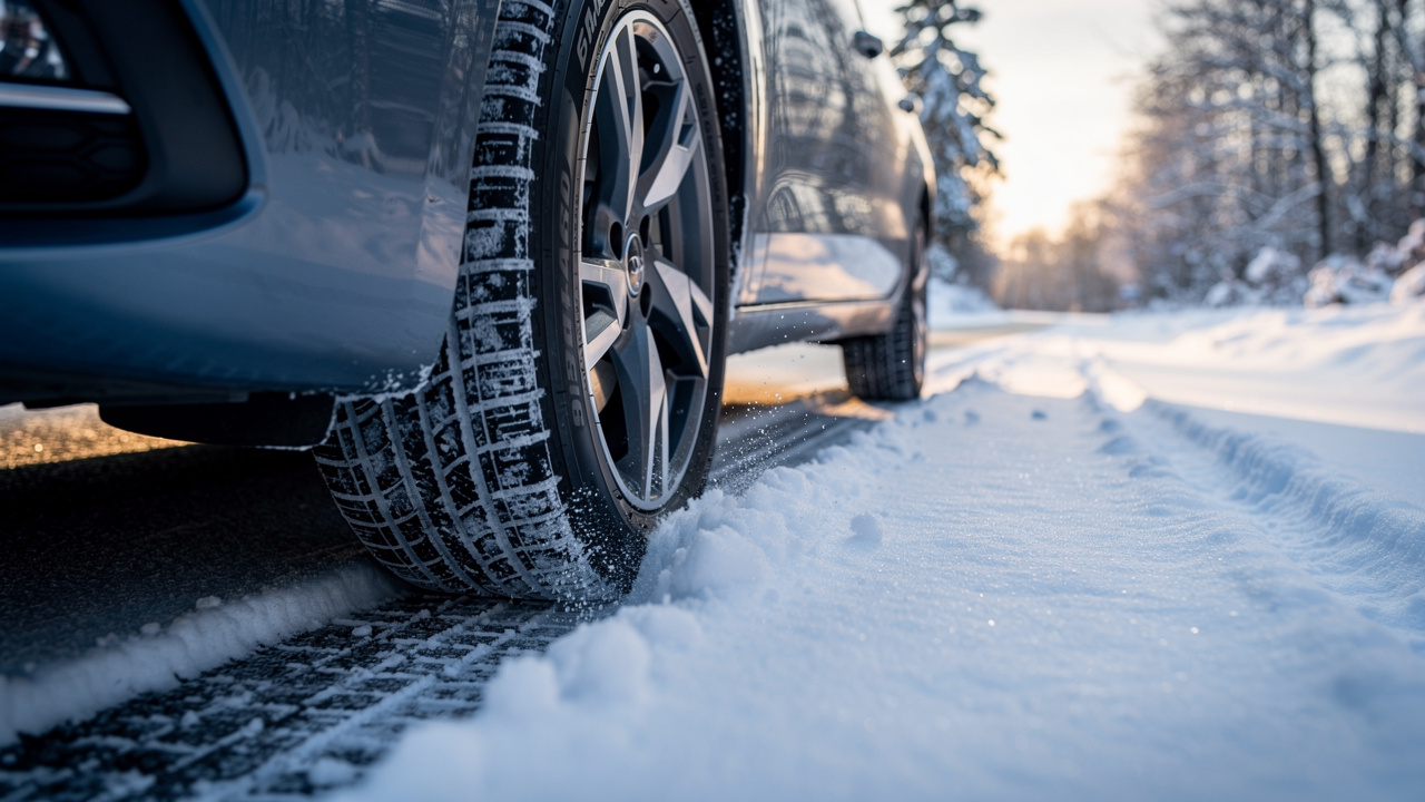 Samochód jadący po śniegu z widocznym śladem opony