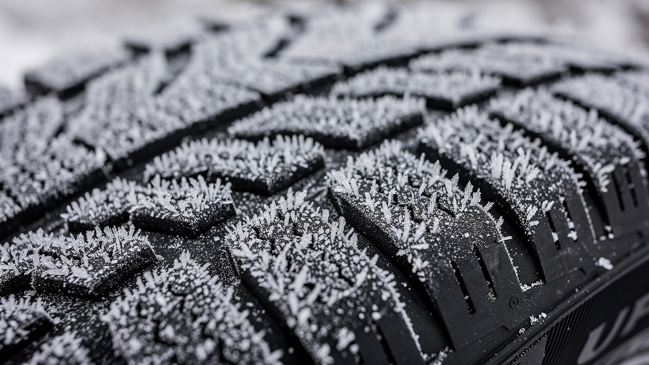 Bieżnik zimowej opony pokryty szronem i lodem