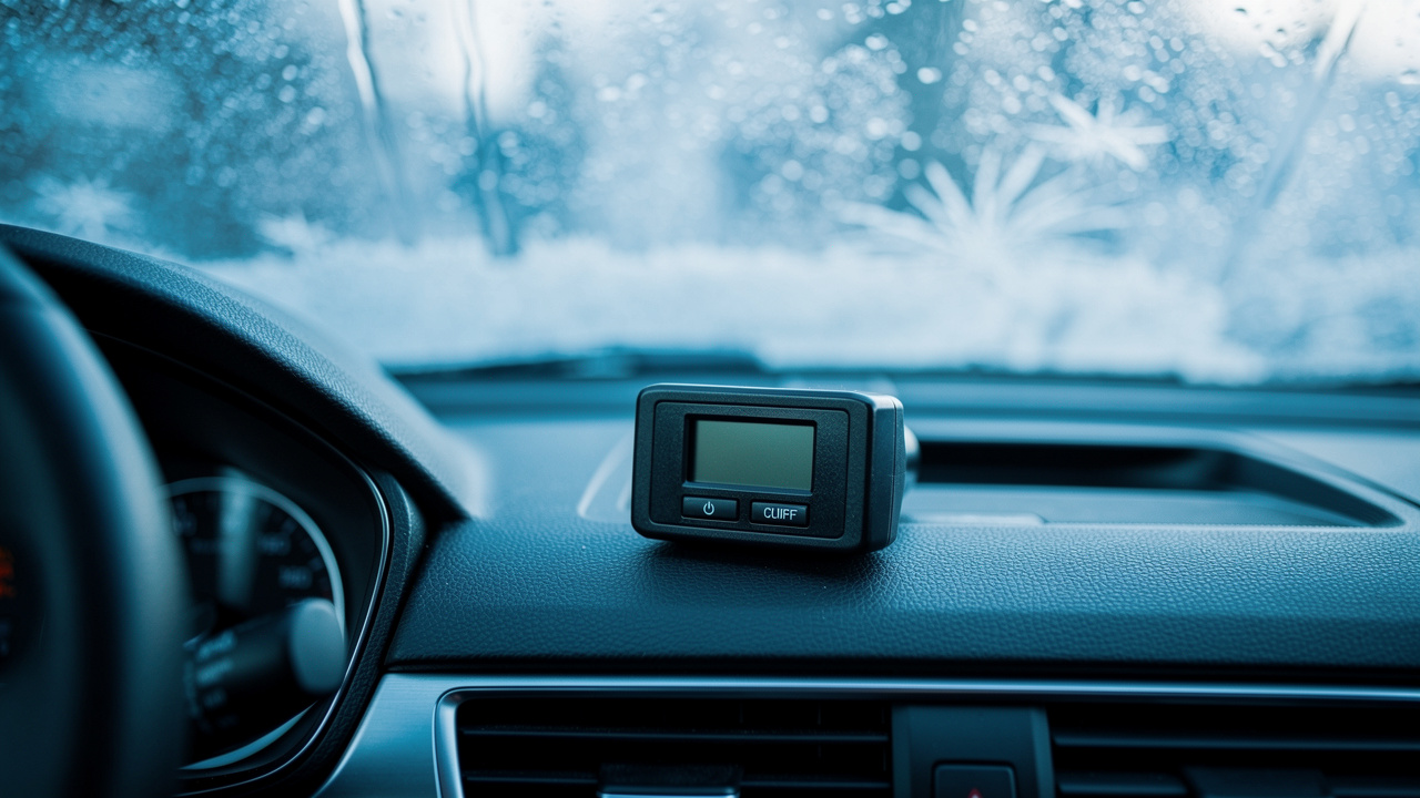 Cyfrowy manometr na desce rozdzielczej samochodu zimą