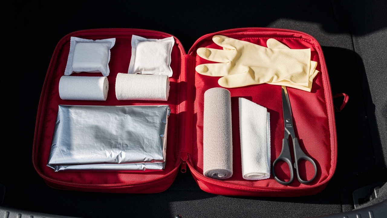 Kompletne wyposażenie apteczki samochodowej zgodnej z normą DIN