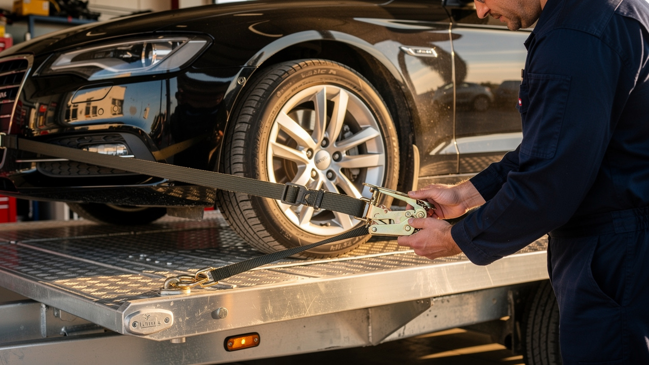 Zabezpieczanie pojazdu pasami transportowymi na lawecie